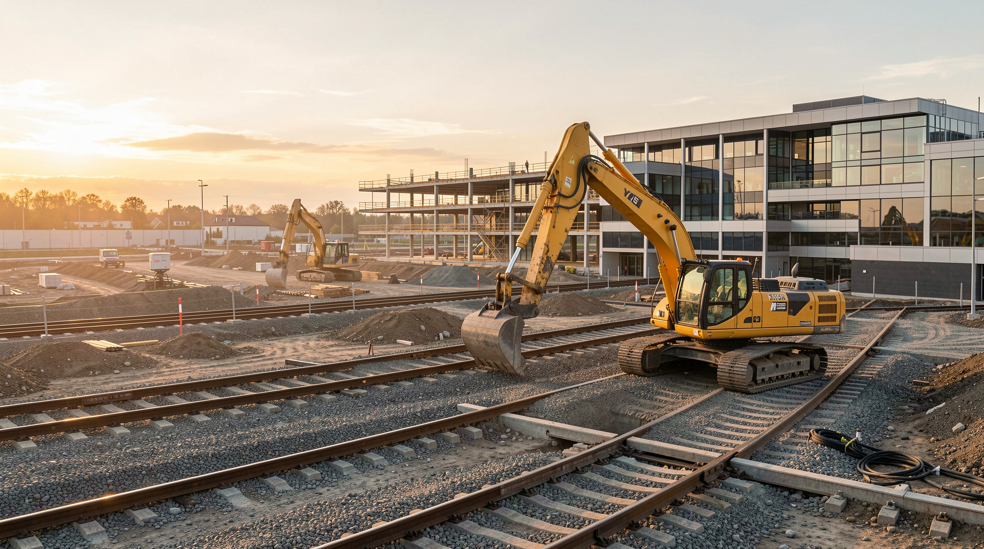 Dynamische Baustellenszene im Morgenlicht, die Hoch-, Tief- und Gleisbau vereint