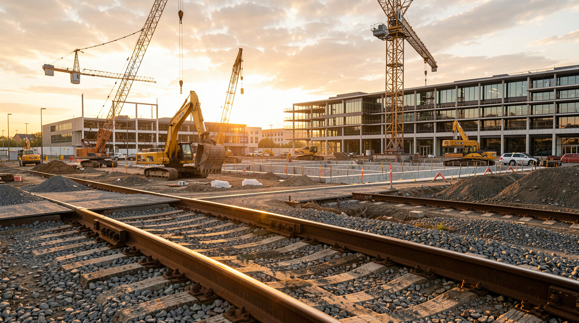 Moderne Baustelle im warmen Licht, die Hochbau, Tiefbau und Gleisbau vereint