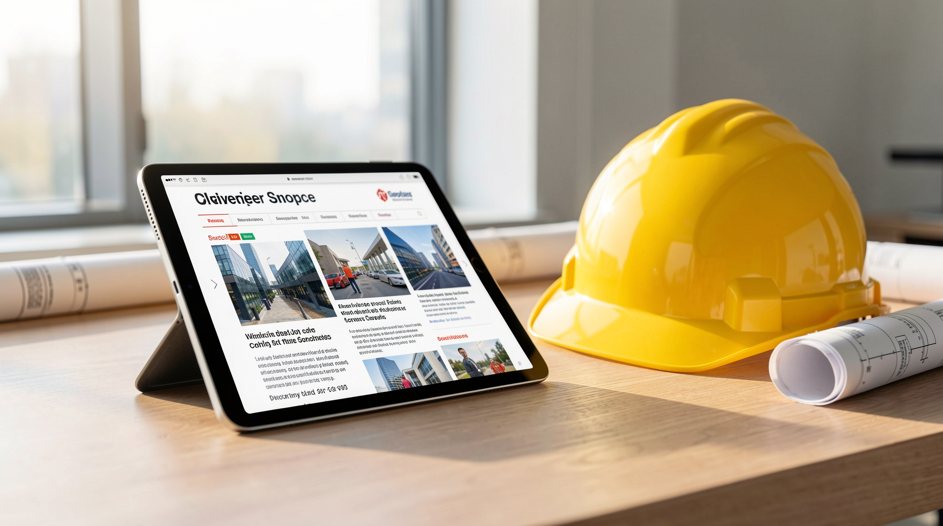 Tablet mit Nachrichten neben einem Bauhelm und Bauplänen auf einer Baustelle