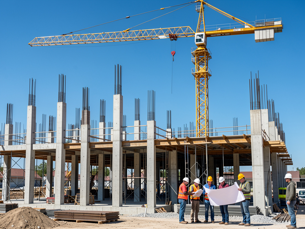 Baustelle im Hochbau mit Kran und Betonpfeilern, repräsentativ für Infrastrukturarbeiten