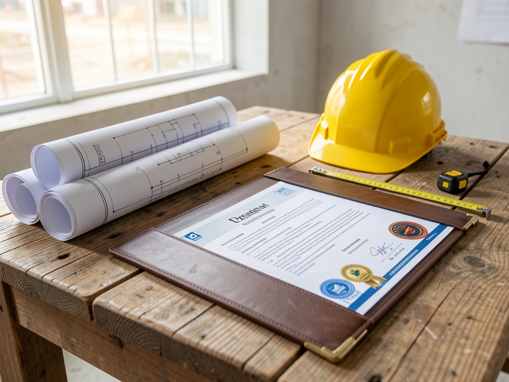 Baupläne und Zertifizierungsdokumente auf einem Schreibtisch